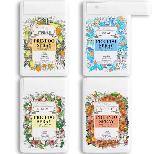 Image of Travel Size Toilet Spray 4-Pack, Travel Essentials Toiletries, Pocket Size Pre-Poo Spray, Bathroom Odor Deodorizer, Up to 240 Uses, 4 Refreshing Scents