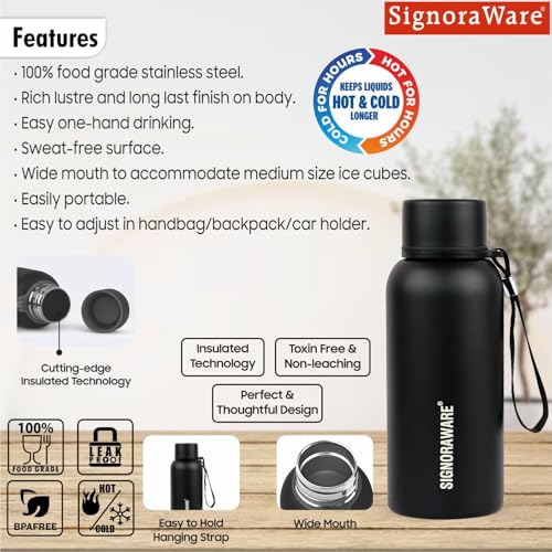 Image of SignoraWare Parkour Vacuum ISI Certified Stainless Steel Bottle With Hanging Strip | Airtight & Leakproof | Easy To Clean | Lightweight | Ideal for School, Office, Gym Or Outdoors (500ml | Black)