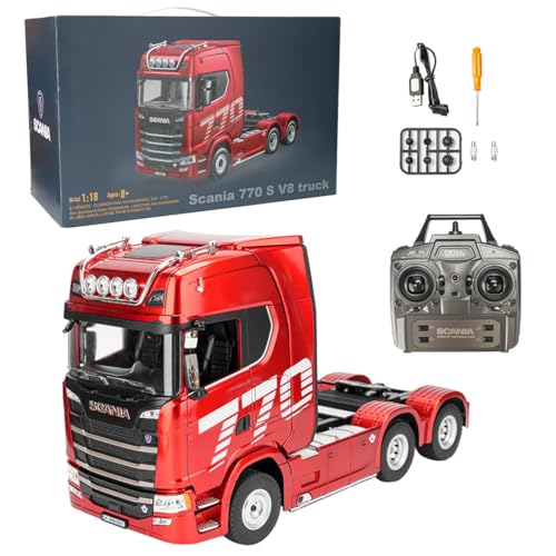 Quibuilds Camion tracteur robuste à l'échelle 1/18 6 x 4 770S RC avec traction arrière, semi-remorque télécommandée 2,4 G avec effets d'éclairage pour les...