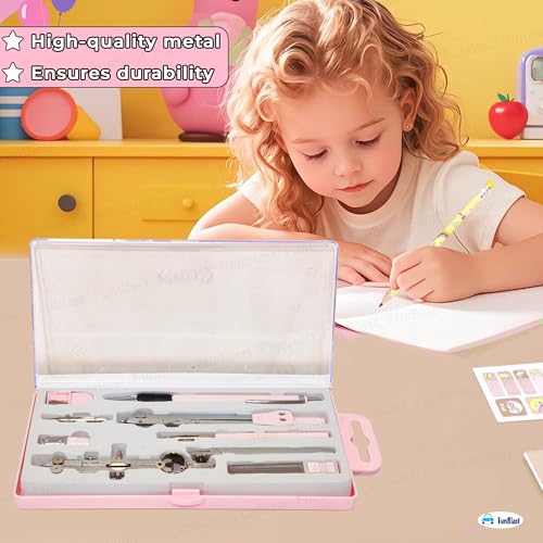 Image of FunBlast Metal Compass Set 9 Pcs - Geometry Box with Protractor, Set Squares, Ruler, Compasses, Ruler Sets, Instrument Box, Math Geometry Kit for Student & Professional (Pink)
