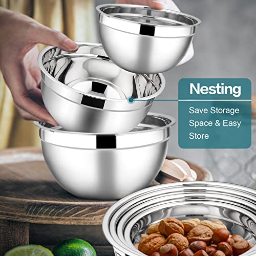 E-far Stainless Steel Mixing Bowls with Lids, 7-Piece Metal Nesting Bowls with Blue Airtight Lids for Saving Storage Space, Size 7, 4.6, 3, 2, 1.5, 1, 0.7QT, Great for Baking/Cooking/Prepping by E-far - Image 3