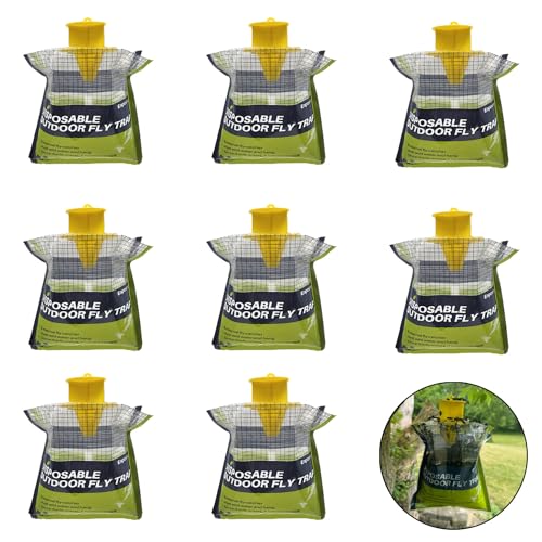 8 Pack Fly Traps Outdoor Hanging Disposable Fly Bags Trap Effective Pre-Baited Flies Catcher Flies Killer Bug Control for Patio Yard Chicken Coops Horse Stables Barns