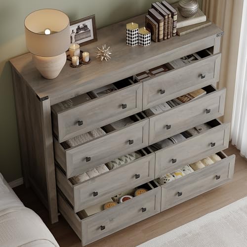 Image of BORNOON Tall 8-Drawer Dresser, Modern Wooden Storage Chest of Drawers, Dresser TV Stand, Wood Drawer Organizer with Metal Handles for Bedroom, Living Room, Hallway