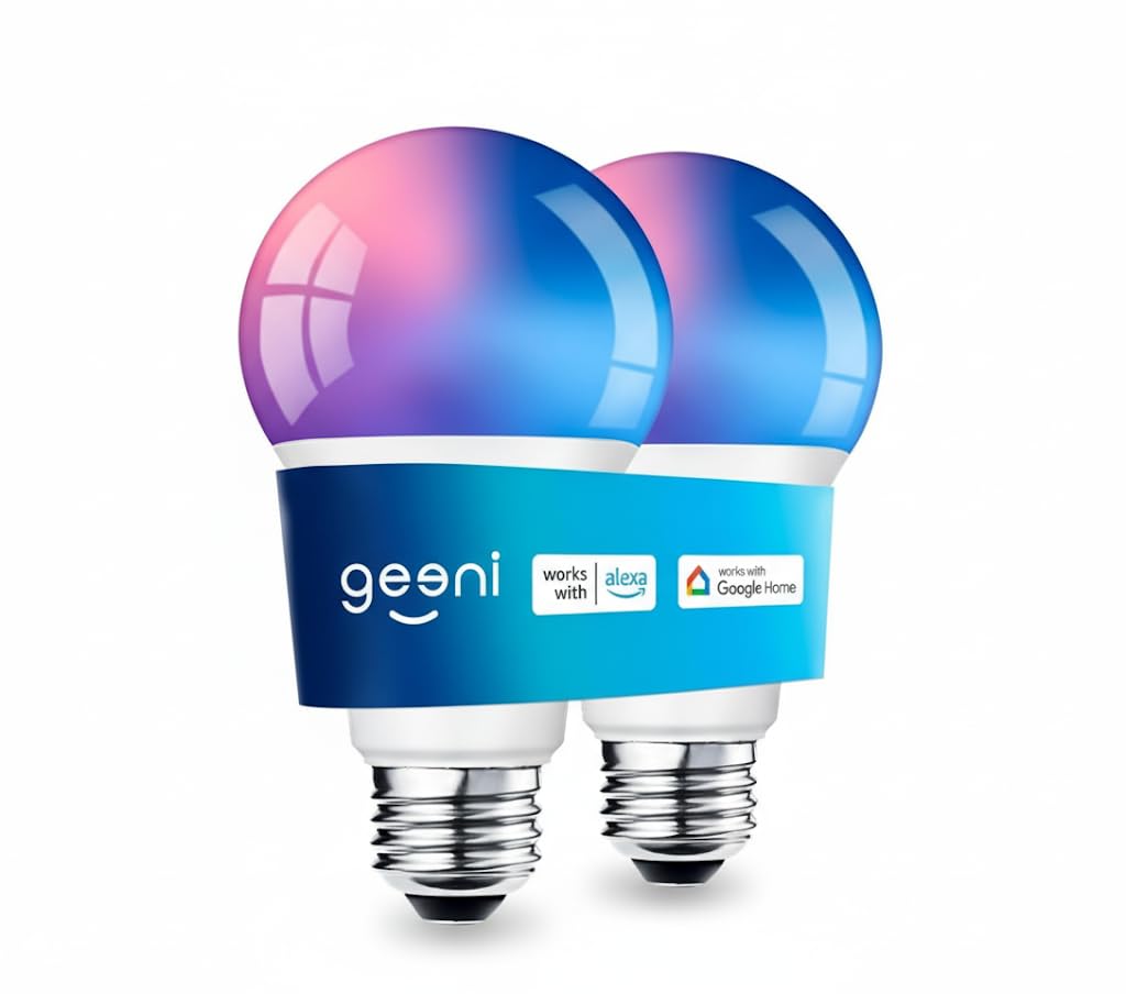 Geeni Prisma 800 Dimmable Smart Light Bulbs with 2.4 GHz Wi-Fi Connectivity – Color-Changing & Tunable White, A19 LED Smart Bulb – Compatible with Alexa & Google, 2-Pack 2 Pack