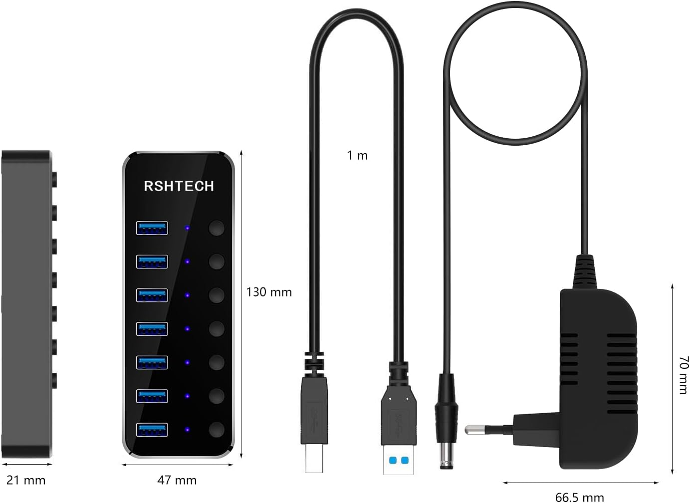Diagram showing the dimensions of the RSHTECH USB Hub, its USB cable, and power adapter.