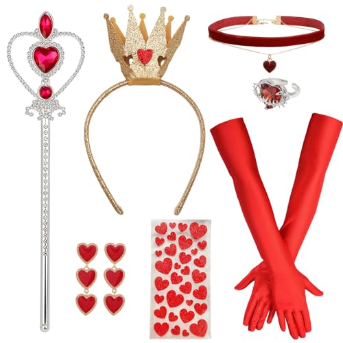 Zouonou 7 Stück Herzkönigin Kostüm Accessoires Rotes Herz Krone Handschuhe Schmuck Zauberstab Ring Gesicht Tattoo Halloween Karneval Cosplay Kostüm Zubehör Herzkönigin Kostüm Damen Mädchen