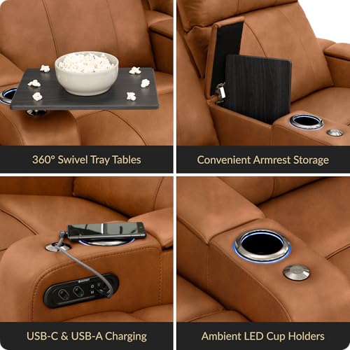 Image of Seatcraft Monterey Tawny Italian Leather Home Theater Seating, Zero Gravity Power Recliner, Gaming and Home Office Chair, Powered Headrest Furniture for Family Cinema Room, Row of 2