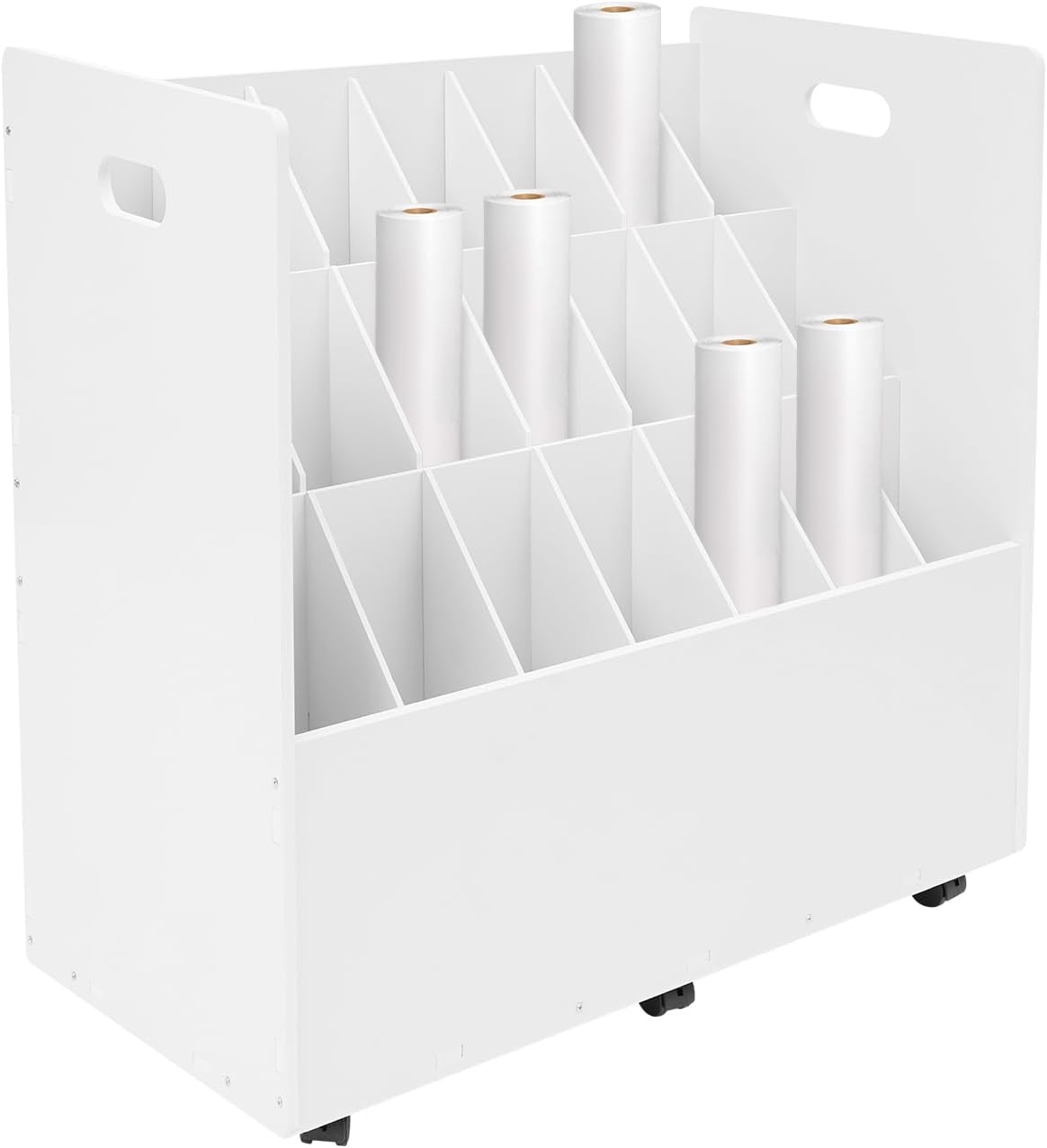 21 Slots Blueprint Storage Rack, Construction Plan Holders with 6 Lockable Casters Blue Print Storage Organizer with Removable Dividers & Handles for Office and Home (White)