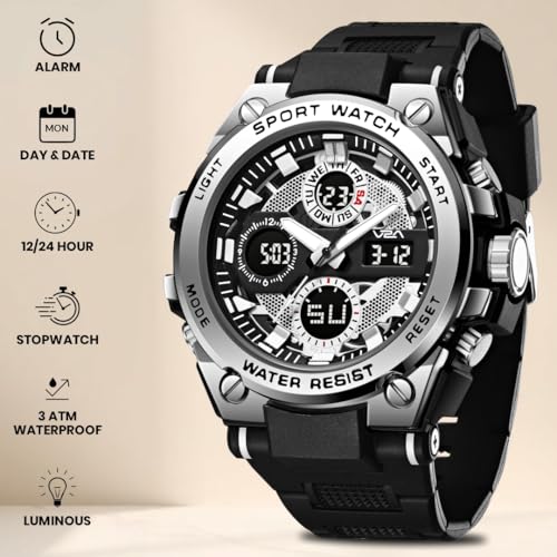Image of V2A Stryke-TERRAX 5220 Analog-Digital Sports Watch for Men | Bold 3D Dial Design | 50M Waterproof Quartz Watch with Alarm, Stopwatch, Day-Date & Backlight | Rugged Everyday Performance