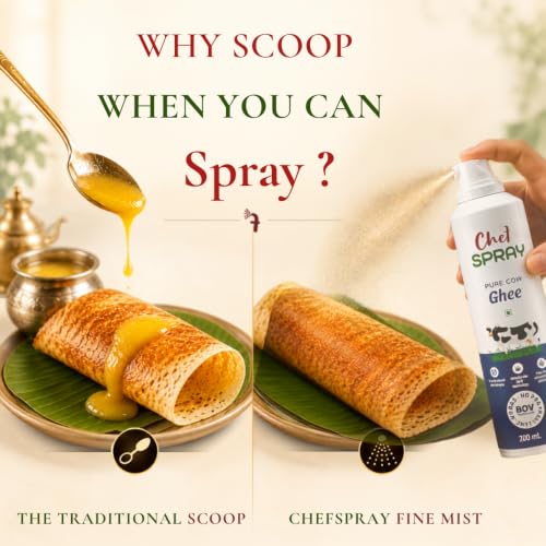 Image of ChefSPRAY Pure Cow Ghee Cooking Spray - Uthukuli Bilona Ghee, 200ml - Propellant-Free Non-Stick Oil Spray Dispenser for Healthy Cooking & Air Fryer - Mess-Free Oil Control & Fitness