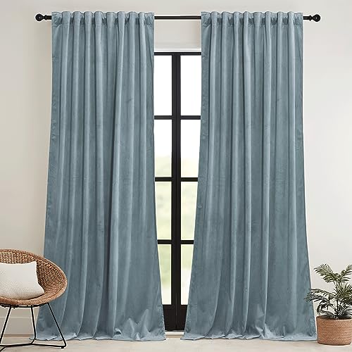 Image of RYB HOME Stone Blue Velvet Curtains 63 inches Length with Hook Belt | Soft Fabric, Room Darkening, Thermal Insulated, Luxurious Home Decor, Drapes for Living Room Bedroom, W42 x L63, 2 Panels