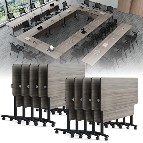 Conference Room Table，Folding Modular Modern Rectangular Conference Table for 8-16 Person Mobile Training Table On Wheels for Meeting Classroom (10, Grey, 55.1" D X 23.6" W X 29.5" H)