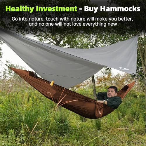 Image of Camping Hammock with Mosquito Net, Underquilt & Rain Fly Tarp - 2 Person Portable Hammock Set for Hiking, Backpacking, Travel, Backyard, Beach - Holds Up to 500lbs (Orange)
