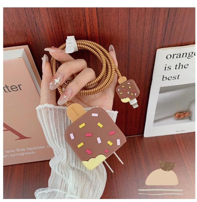 Image of Cable Protector with 3D Cute Pattern for iPhone Charger only18W & 20W | Data Line Wire Saver Charger Protective Cable Full Protection Set of-1 (Brown ICE Cream)