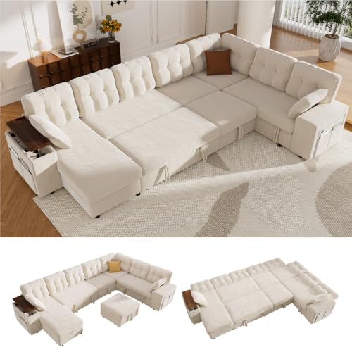 Vipbear 130" Modular Sectional Sleeper Sofa with Pull Out Bed, 9 Seat L Shaped Couch with Ottoman & Chaise/Reclining Backrest/Lift-Top Storage Arms/USB/LED Light/Tool-Free Assembly, Chenille Beige