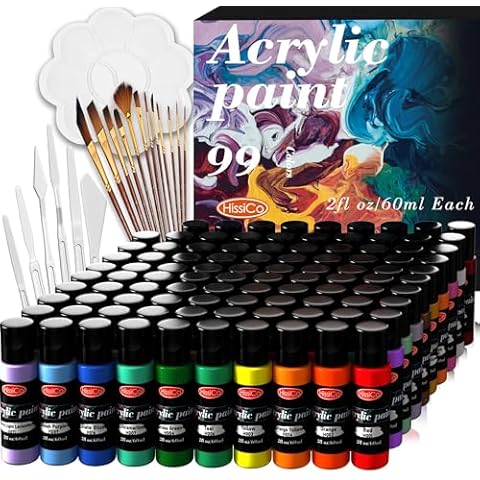HissiCo 118PCS Acrylic Paint Set of 99 Colors 2fl oz 60ml Bottles with 12 Brushes 6 Paint Knives and Palette,Non Toxic Rich Pigment for Kids Adults Artists Canvas Crafts Wood Painting Cover