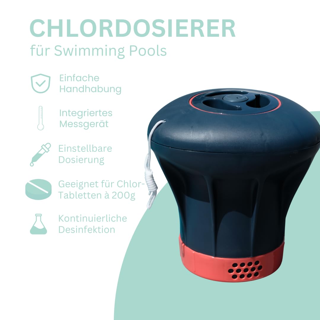 poolomio Doseur Flottant pour tablettes de Chlore 200 g - Doseur de Chlore avec indicateur de Charge intégré et Ouverture de Dosage réglable - Flotteur de Chlore pour désinfection Automatique de
