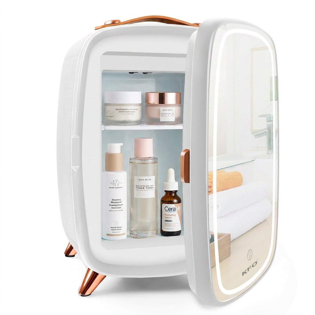 KFO Mini Kosmetik Kühlschrank 6L, Ultra-Leise (20 dB) mit LED-Spiegel für Skincare & Make-up, klein Kühlschrank für Hautpflege im Schlafzimmer und Badezimmer（Weiß）