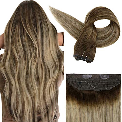 Fshine 18 Inch Balayage Blonde Halo Extensions 80 Gram Human Hair Color 4 Fading To Color 24 and Color 4 Crown On Hair Extensions Silky Straight Hair Layered Extensions