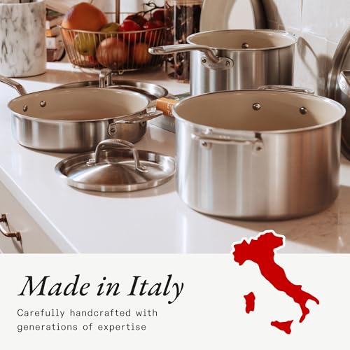 Image of Made In Cookware - 3 QT CeramiClad Non Stick Saucier with Lid (Stainless Handle)- 5-Ply Stainless Clad with Stay-Cool Handle - Professional Cookware - Crafted in Italy - Induction Compatible