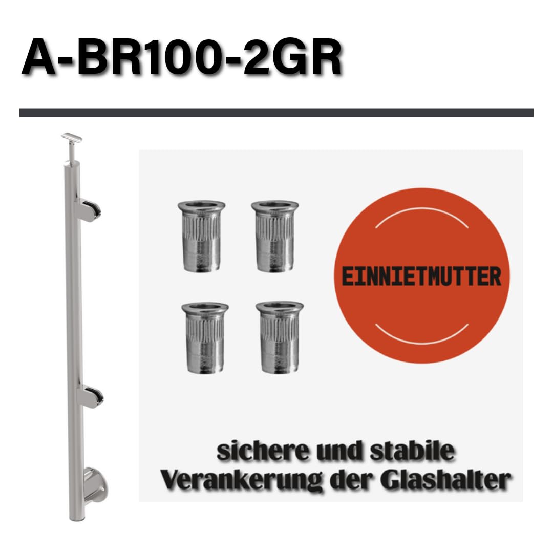 Sellon24® Postes de acero inoxidable para barandilla derecha, diámetro 42,4, altura de 1000 mm, con 2 abrazaderas de cristal de 63 x 45 mm, V2A (A-BR100-2GR) (grosor del cristal: 10,0 mm)