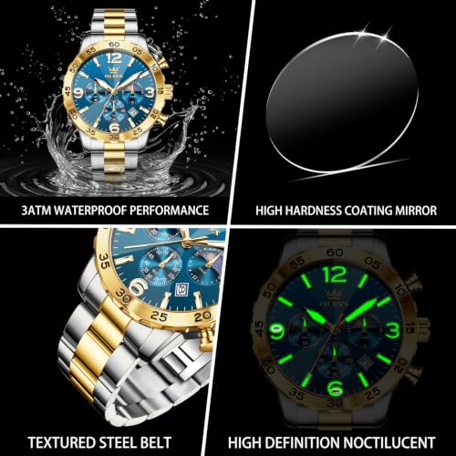 Image of OLEVS Men's Watch Luxury Sun-noon Phase Waterproof Dress Chronograph Analog Quartz Stainless Steel Multifunction Fashion Watch with Date, Big Dial 44mm, Luminous Hands Scales