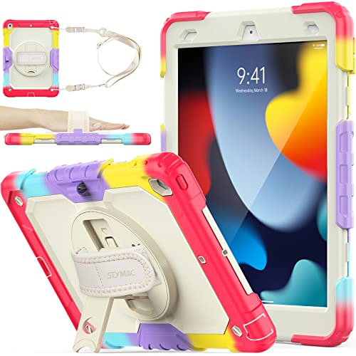 SEYMAC stock iPad 10.2インチ 第9世代/第8世代/第7世代 ケース 耐衝撃 保護フィルム付き ペン収納 360°回転スタンド ハンドストラップ ショルダーストラップ 全面保護カバー (色とりどり+レッド)のサムネイル