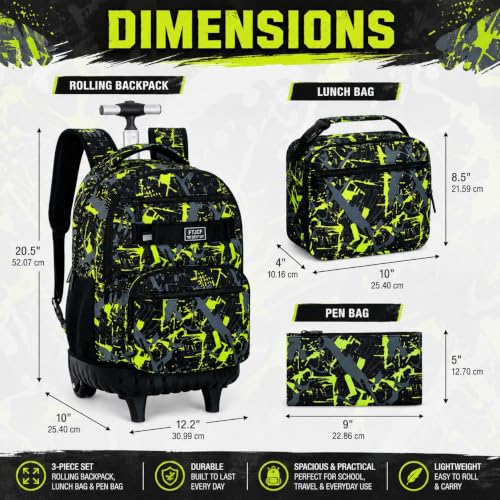 Image of 3Pcs Rolling Backpack for Boys Men, Travel Roller Backpacks with Wheels for Adults, Teens College Graffiti Wheeled Bookbag with Lunch Box(Green)