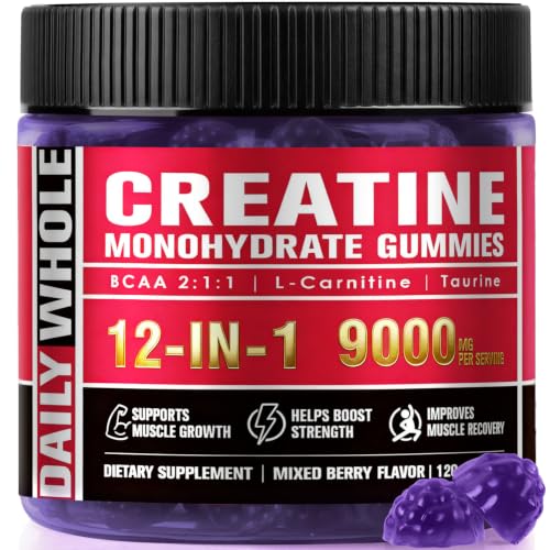 Image of 12 IN 1 Creatine Monohydrate Gummies Complex 9000mg for Women and Men to Support Muscle, Creatina gummy with L-Carnitine, B12, BCAA 2:1:1, Sugar Free, Non-GMO & Vegan, 120 Gummies, Mixed Berry Flavor