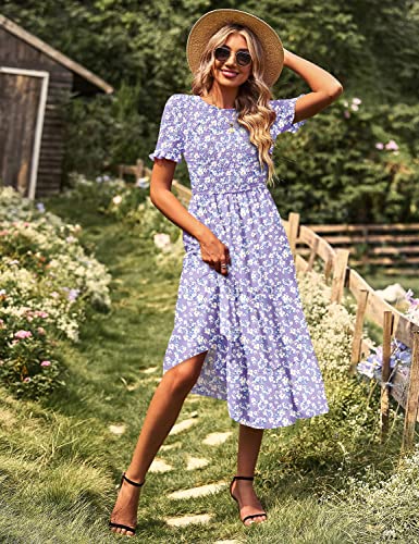 Yesno Women's 2023 Summer Causal Short Sleeve Smocked Dress Elastic Waist Tiered Midi Dress With Pockets M E10 Cr345 #TOP2