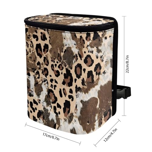 Image of Talayituse Brown Leopard Cow Print Car Trash Can with Lid, Leak Proof Auto Trash Bag Hanging Vehicle Garbage Can Multipurpose Storage Container for Back Seat Road Trip