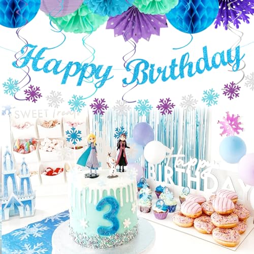 Image of Winter-Wonderland Christmas-Snowflake Frozen Birthday Party-Decorations - 21pcs Happy Banner,Blue Purple Teal Paper Lanterns Honeycomb Streamers,Tissue Pom Poms Flower Fan,Hanging Decor Huglony