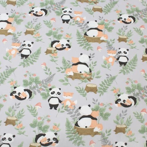 Kinderstoff Baumwolle Meterware 160 cm – Panda & Fuchs Wald Motiv auf Grau – Baumwollstoff schadstoffgeprüft – Stoff Tiere für Kinderbettwäsche, Kleidung & Deko
