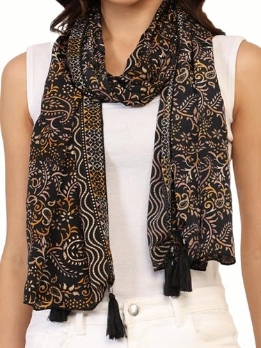 Image of KE KANHA EXPORT Women Scarf|Stole For Women|Scarf For Women Stylish|Stall For Women|Border Print Face Cover Head Wrap|Boho|Beach|Multicolor|180x50cm|Pack Of 1|FREE Scrunchie Included