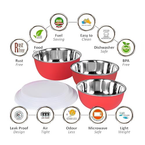 Image of Microwave Safe Stainless Steel Food Storage Container with Lid | Euro Mixing Bowl Set for Kitchen | 500ml, 800ml, 1250ml | Pack of 3 | Leak-Proof (Red Plain 3)