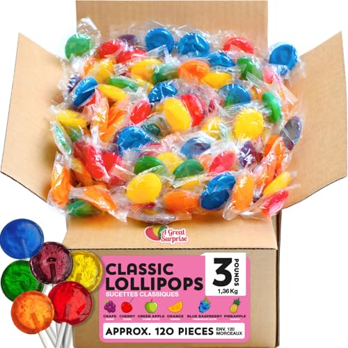 A Great Surprise Classic Lollipops - 3 Pounds - Individually Wrapped Candies - Flat Round Bulk Suckers For Kids, Doctors Office, Schools, Banks
