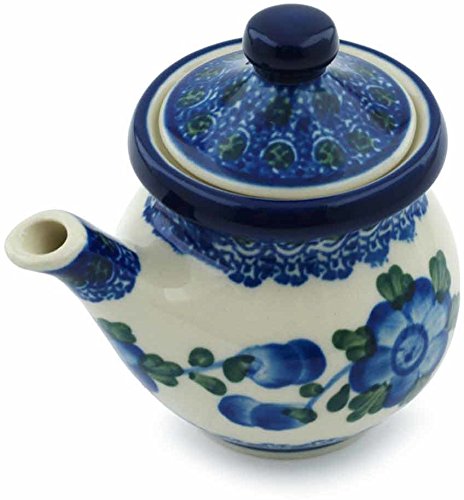 Polish Pottery 4 oz Creamer with Lid made by Ceramika Artystyczna (Blue Poppies Theme) + Certificate of Authenticity