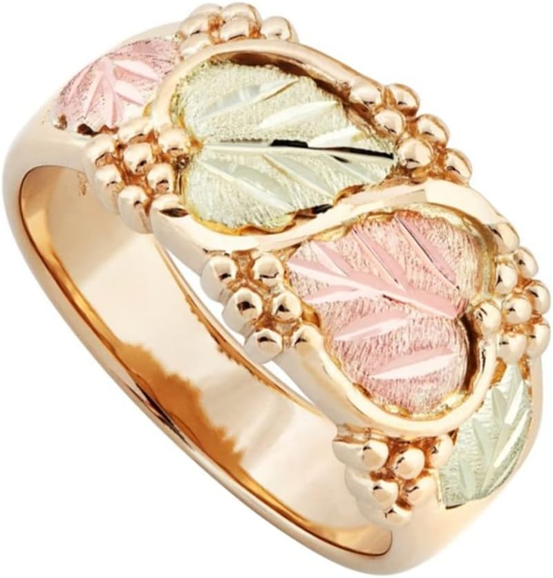 Black Hills Gold Jewelry Women's Diamond-Cut S Shaped Swirl Vine Encircled by Heart Shaped Grape Leaves Wedding Ring, 10k Yellow Gold Statement Rings for Ladies, 12k Green and Rose