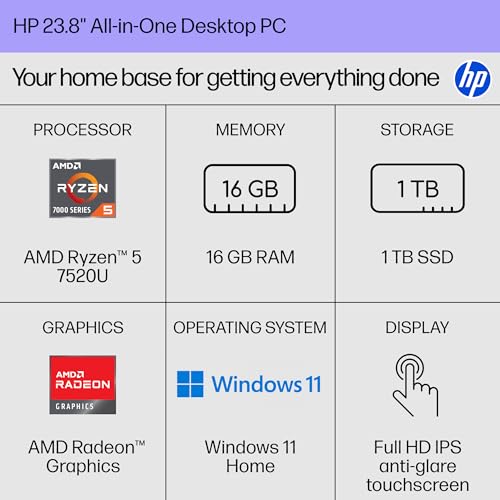 Image of HP 23.8 inch All-in-One Desktop PC, FHD Touchscreen, AMD Ryzen 5 7520U, 16 GB RAM, 1 TB SSD, AMD Radeon Graphics, Windows 11 Home, Jet Black, 24- cr0140 (2025)