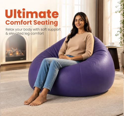 Image of Sattva Classic 3XL Bean Bag Chair with Beans Filled | Faux Leather Sofa Style Beanbags with for Living Room | Bin Bags Sofa & Beam Bag for Adults, Home & Office (Pre-Filled) - Purple