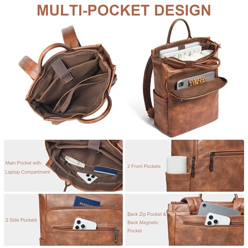 Leather Laptop Backpack for Women, Travel Backpack Purse Fits 15.6 Inch Laptop, Casual Daypack with Laptop Compartment for Teachers College Work Business Nurse Weekender, Brown2