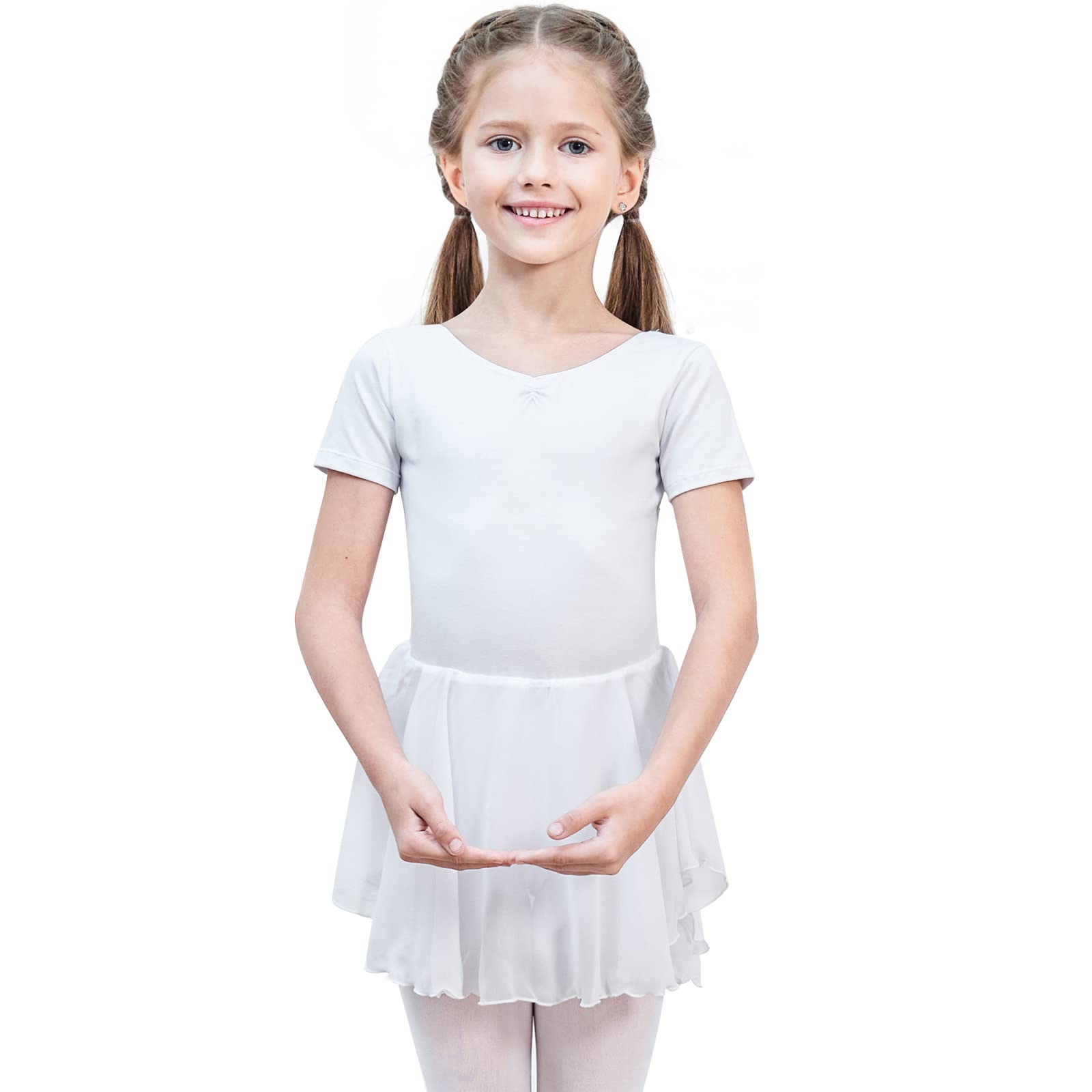 SouditturGirls Ballet Leotard with Skirt Cotton Short Sleeve Toddler Dance Outfits Crossed Back Ballet Dress 3-11 Years