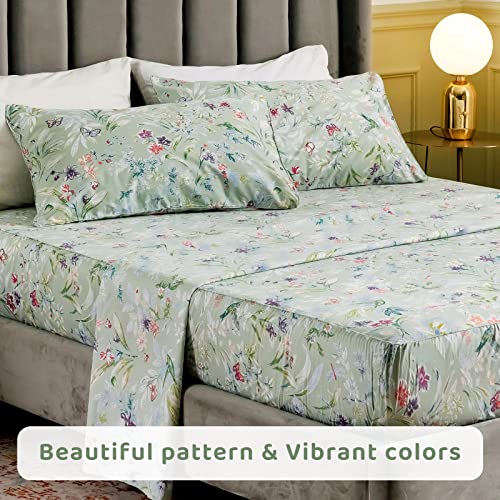 Qsh Floral King Size Sheet Sets - Green Flower Bird Butterfly Print Botanical Bedding Egyptian Cotton Printed Sheets King Size Bed Extra Soft And Breathable 17.5" Deep Pockets Bed Sheets 4Pcs #TOP5