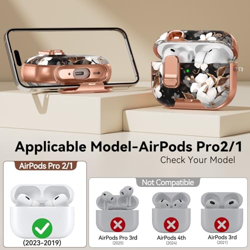 Image of for AirPods Pro 2nd /1st Case (2023-2019)-Black Gold Flower | With Safety Lock, As Phone Stand,for Women Girly,with Keychain & Clean Pen,Two-Piece Design,Wireless Charging,TPU+PC Material