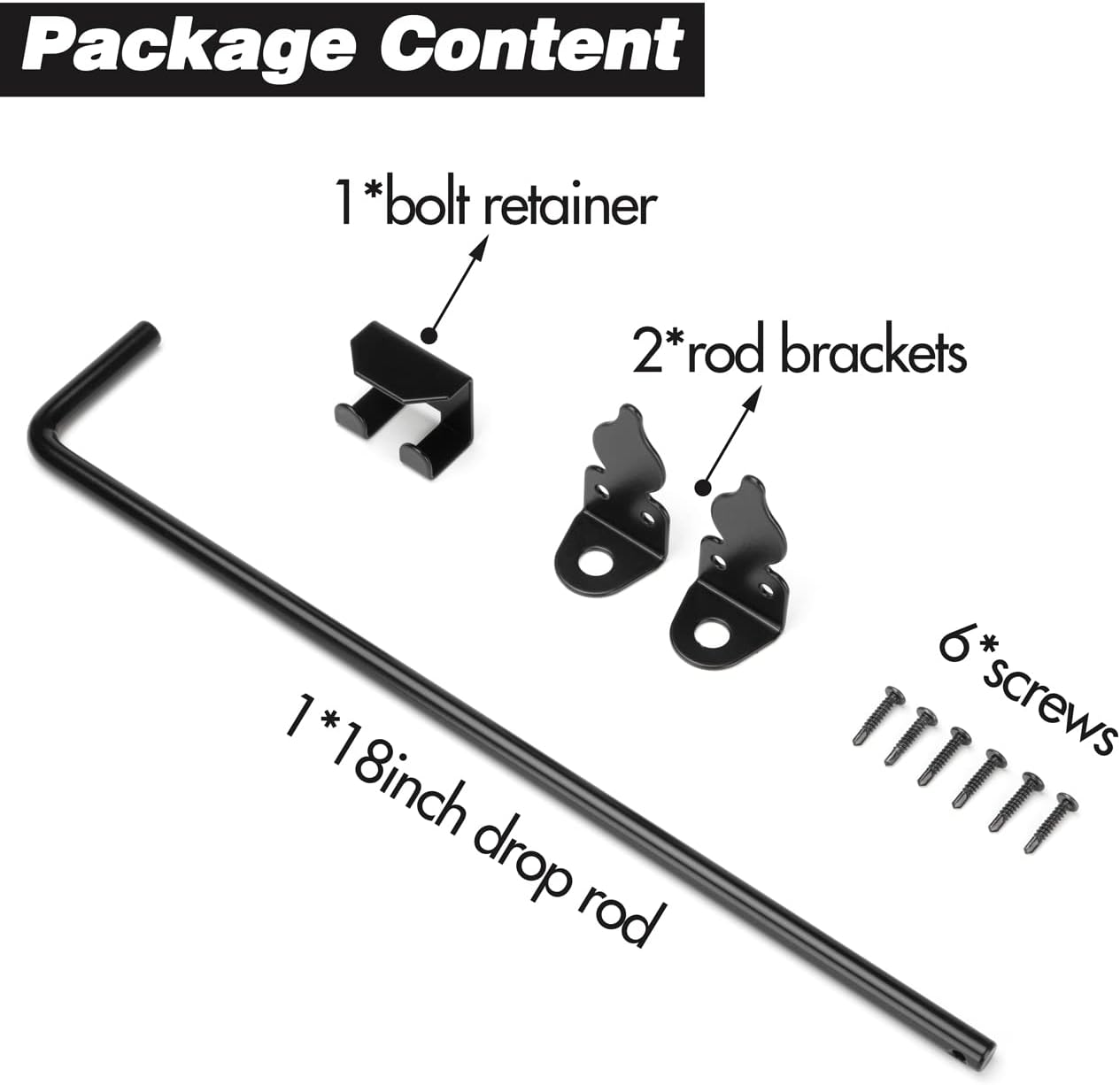 Contents of the HTHOOOOOME cane bolt package, including one 18-inch drop rod, one bolt retainer, two rod brackets, and six screws.
