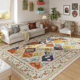 Vowkten Bohemian Geometric Floral Area Rugs 5x7, Machine Washable, Low Pile Soft Carpet, Non-Slip for Living Room, Bedroom, Dining Room, Farmhouse, Kids Playroom, Office | Beige
