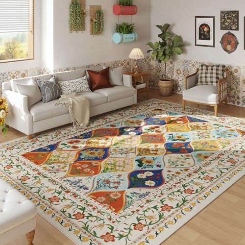 Vowkten Bohemian Geometric Floral Area Rugs 5x7, Machine Washable, Low