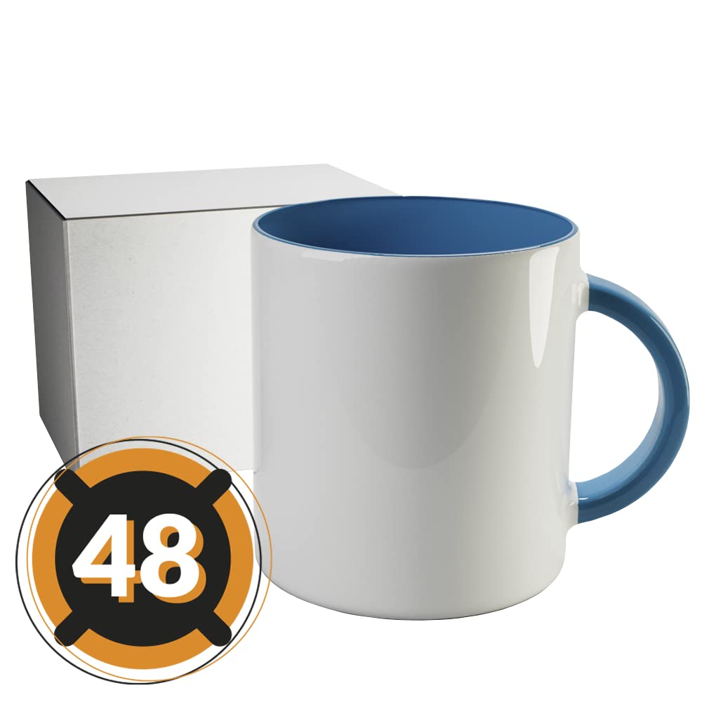 48 tazze a sublimazione bianche con interno azzurro | Scatola singola neutra | 350 ml (11 oz) | Categoria AAA | Lavabile in lavastoviglie e microonde