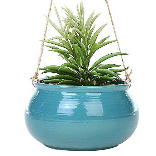 Mediterranean Style Round Cerulean Succulent Hanging Planter Pot with Twisted Jute Twine Rope