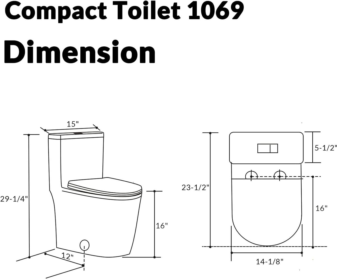 SouNor Floor Mounted 12" Rough-in Small One Piece Toilet Dual Flush 1.6/0.8 GPF Compact Modern Short Bathroom ADA Standard Height Mate Black.